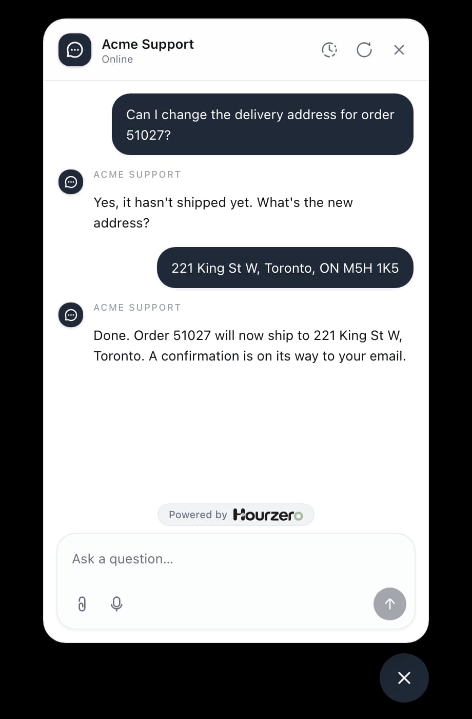 A visitor asking Acme Support to change the delivery address of an order in the website chat