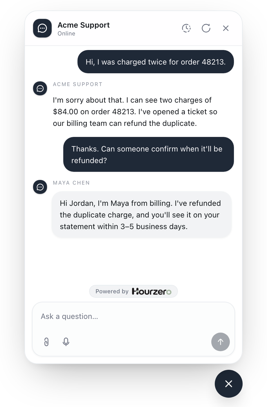 The same conversation in the customer's chat, with Maya's reply from billing