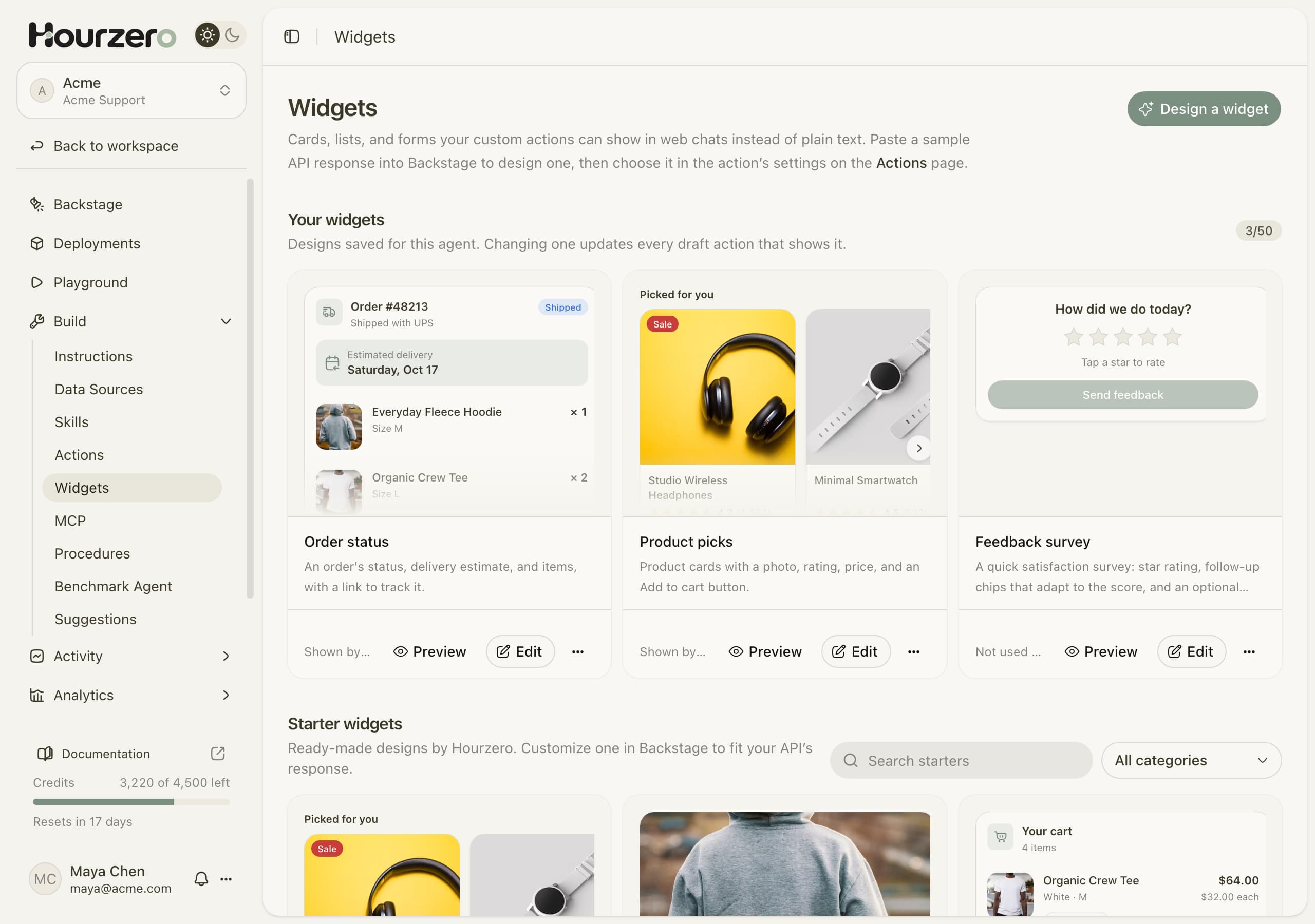 The Widgets page: the agent's saved widgets with the actions that show them, and starter widgets below, from product cards to a shopping cart