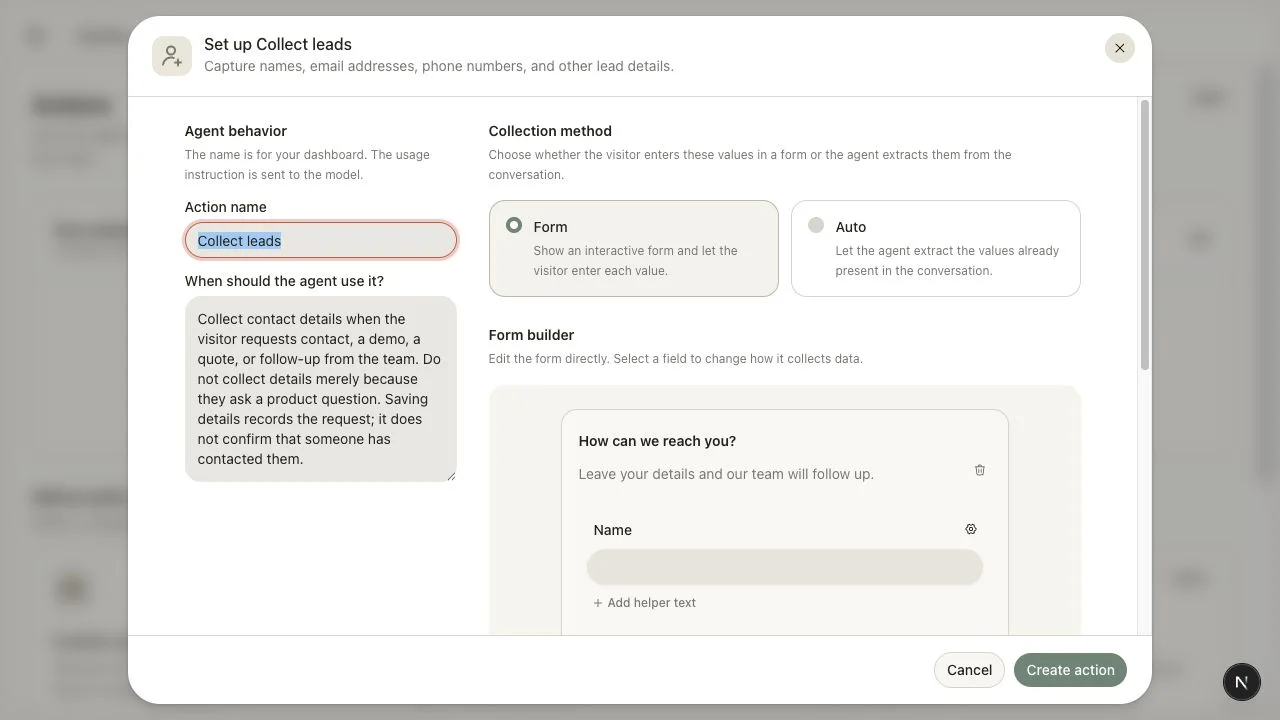 The Collect leads setup window with the Form collection method and the form builder